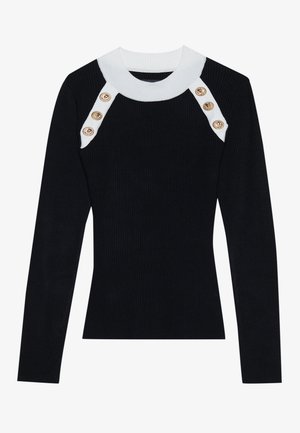Svart ribbet langermet topp med hvit krage og gullknappdetaljer på skuldrene. Glatt tekstur, tettsittende design.