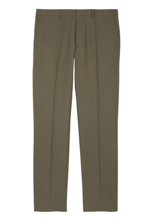 Schlanke olivgrüne Anzughose mit Gürtelschlaufen, Seitentaschen und einer vorderen Bügelfalte an jedem Bein.