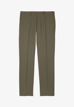 Slim-fit olive green dress trousers with belt loops, side pockets, and a front crease down each leg.