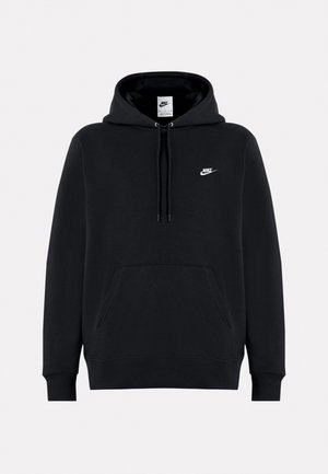 Czarny hoodie wykonany z miękkiej tkaniny, z przednią kieszenią kangurkową, kapturem z regulowanym sznurkiem, ściągaczami oraz małym białym logo Nike na klatce piersiowej.