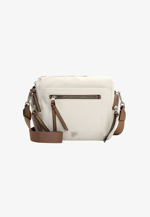 Sac bandoulière rectangulaire crème avec une sangle marron réglable, une poche zippée à l'avant et un logo SF argenté sur fond blanc.