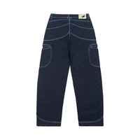 Temno modri jeans hlače z visokim pasom, širokimi nogami, belimi kontrastnimi šivi in dvema žepoma v vojaškem slogu na vsaki strani.