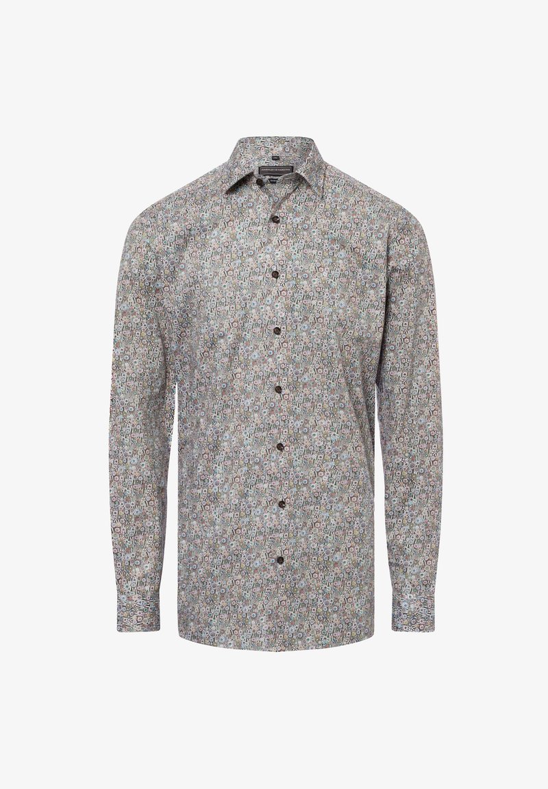 Overhemd met knoopsluiting in een meerkleurig bloemenpatroon, met een gespreide kraag en lange mouwen, voorzien van bruine knopen en een zachte stoftextuur.