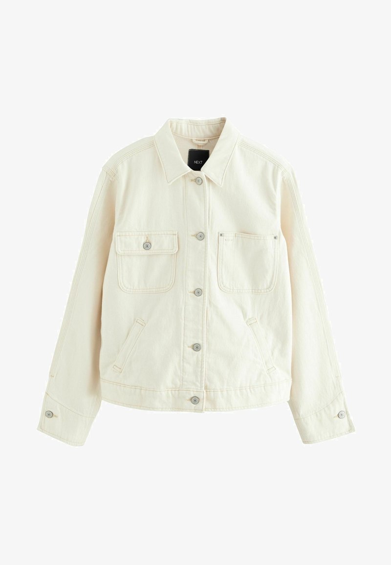 Cream-colored denim jacket with two front pockets, snap buttons, and a collar. Features visible stitching and a slightly cropped hem.