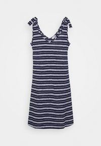 Robe rayée bleu marine et blanche, avec un décolleté en V et des bretelles à nouer. Confectionnée en tissu doux, elle offre une coupe décontractée et une longueur mi-cuisse.