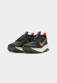 Baskets de sport noires et vertes avec une tige texturée, un logo Nike doré bien visible, des accents rouges et une semelle robuste pour une meilleure traction.