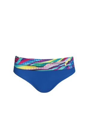 Niebieskie bikini dolne z szerokim, kolorowym paskiem w abstrakcyjne paski w odcieniach różu, zieleni i żółci. Gładka tekstura materiału.