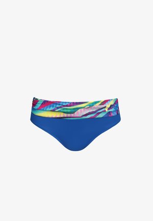 Niebieskie bikini dolne z szerokim, kolorowym paskiem w abstrakcyjne paski w odcieniach różu, zieleni i żółci. Gładka tekstura materiału.