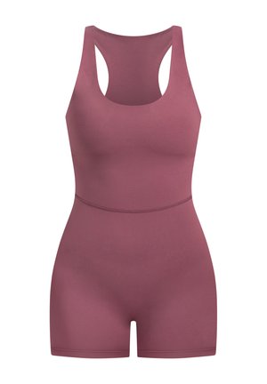 Frambooskleurig eendelig kledingstuk met een strakke pasvorm, racerback en korte benen. Gemaakt van gladde, rekbare stof voor comfort.