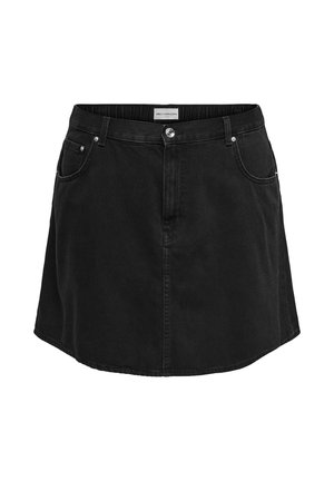 Schwarzer Denim-Minirock mit vorne Knöpfen, Gürtelschlaufen, zwei vorderen Taschen, leicht ausgestelltem Saum und sichtbaren Nahtdetails.