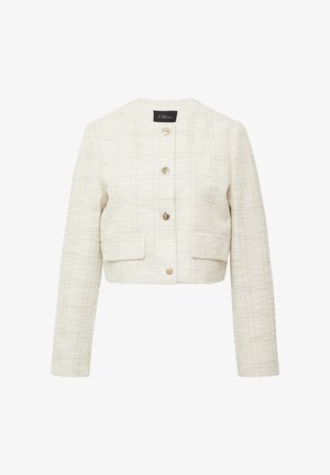 Krótkia kurtka z teksturowanej beżowej tkaniny z delikatnym wzorem w kratę, z okrągłym dekoltem, długimi rękawami i metalowymi guzikami z przodu.