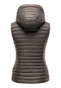 Gevoerde vest in een donkere taupe kleur met een ritskap. Heeft verticale gestikte lijnen en een klein merkaccent aan de zijkant.