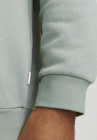 Lichtgroene sweater met een geribde manchette en label aan de zijkant. Het materiaal lijkt zacht en gestructureerd, met een ontspannen ontwerp.