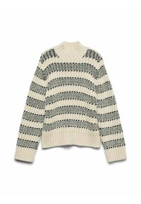 Grietinos megztinis su juodomis horizontaliosiomis juostelėmis. Turi briaunotą apvalią iškirptę ir rankogalius, tekstūruotą audinį su storingo mezgimo raštu.