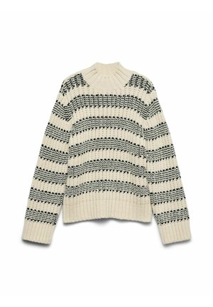 Grietinos megztinis su juodomis horizontaliosiomis juostelėmis. Turi briaunotą apvalią iškirptę ir rankogalius, tekstūruotą audinį su storingo mezgimo raštu.