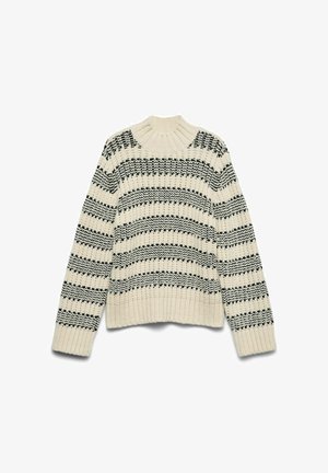 Krēmskrāsas adīta džemperis ar melnām horizontālajām svītrām. Iezīmējas ar ribinātu apkakli un aprocēm, teksturēts audums ar masīla adījuma rakstu.