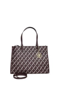 Borsa a tracolla viola con un motivo intrecciato in argento. Presenta doppi manici e una tracolla regolabile. Include un charm con logo dorato.