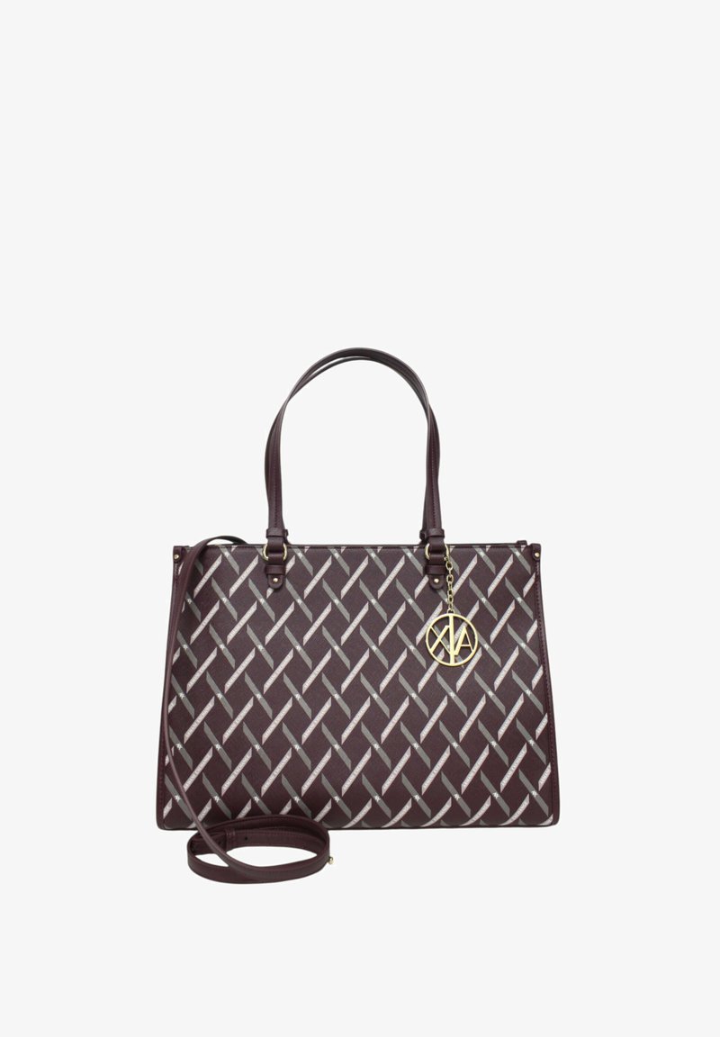 Borsa a tracolla viola con un motivo intrecciato in argento. Presenta doppi manici e una tracolla regolabile. Include un charm con logo dorato.