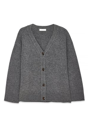 Gray knitted cardigan with a V-neck, five dark buttons, ribbed cuffs, and hem. Soft texture with a simple, classic design.