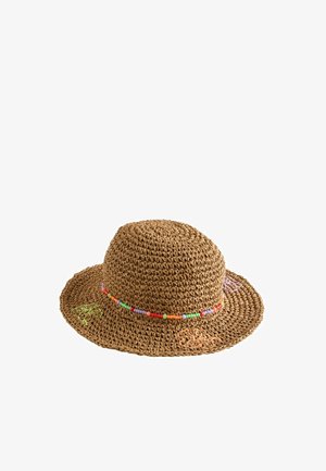 Bruine geweven zonnehoed met kleurrijk kralenband en geborduurde palmboomontwerpen op de rand.