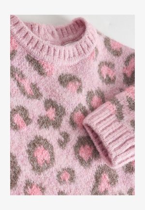 Roosa kootud kampsun pehme tekstuuriga, millel on leopardimuster tumedamates pruunides ja heledates roosades toonides. Ribliga krae ja varrukaotsad.