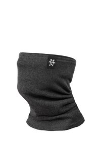 Dark gray neck gaiter made of soft, stretchy fabric with a smooth texture. Features a small black tag with white logo detail.