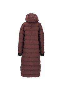 Lang, maroon pufferjakke med hætte, der har et quiltet design, elastiske manchetter og en flagrende bund for ekstra varme og dækning.