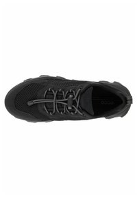 Scarpa da corsa nera con una tomaia in maglia testurizzata, lacci elastici e una suola imbottita con un motivo di battistrada robusto.