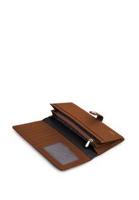 Brown leather wallet with a zippered compartment, card slots, and a clear ID window. Textured interior and smooth exterior finish.