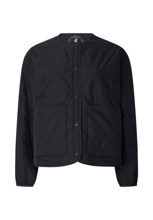 Czarna pikowana kurtka z zatrzaskami, dwie przednie kieszenie, długie rękawy i okrągły dekolt.