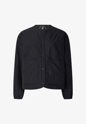 Giacca trapuntata nera con bottoni a pressione, due tasche frontali, maniche lunghe e scollo rotondo.