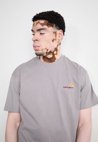 Gray short-sleeve T-shirt with a round neckline, featuring a small Carhartt logo in red and yellow on the left chest area. Soft cotton material.