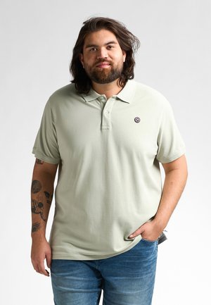 Lichtgroen polo shirt met een drie-knopen placket en een rond logo op de borst. Korte mouwen en zachte, gestructureerde stof. Draag met blauwe jeans.