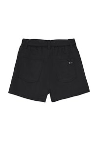 Czarne szorty o gładkiej fakturze, z elastycznym pasem i dwiema tylnymi kieszeniami. Szczegóły przeszyć wzdłuż krawędzi.