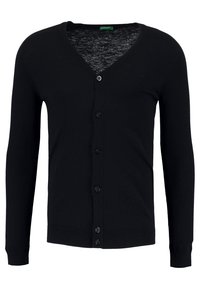 Svart kofta med V-ringning, långa ärmar och knappstängning. Tillverkad av stickad tyg med en mjuk textur. Har sex knappar.