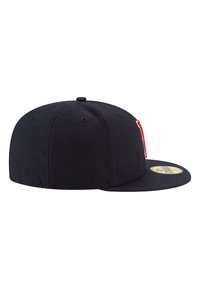 Black cap featuring a flat brim, structured design, and a red logo patch on the side. Made of durable fabric with a smooth texture.
