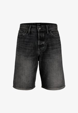 Zwarte denimshorts met een klassiek ontwerp, vijf zakken, een ritssluiting en een onafgewerkte zoom. Gemaakt van stevig katoen met een verwassen effect.