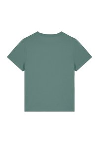Korte mouwen T-shirt in gedempt groen, met een effen achterkant, ronde halslijn en zachte, lichte stof met een gladde textuur.