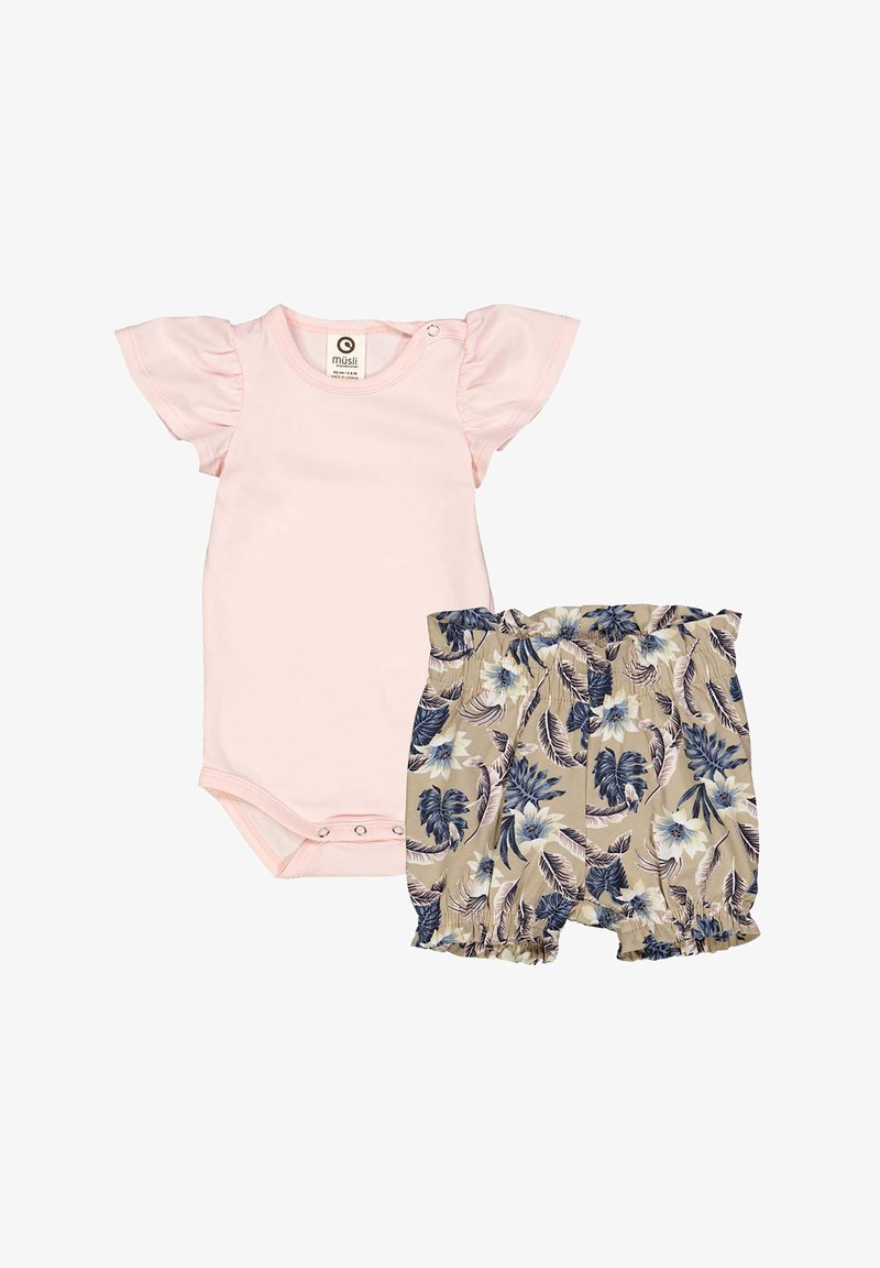 Pink cotton bodysuit with flutter sleeves and snap closures, paired with beige shorts featuring a blue floral pattern and elastic waistband.