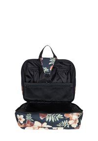 Floral-patterned cosmetic bag with black base; features a hook, mesh pockets, and a spacious interior for organization. Zippered closure.