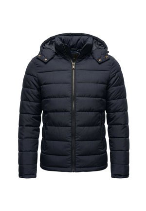 Zwarte gevoerde winterjas met rits aan de voorkant, afneembare capuchon met drukknopen en zijritszakken.