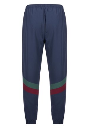 Marineblaue Jogginghose mit elastischem Bund und Bündchen, mit diagonalen grünen und kastanienbraunen Streifen an den unteren Beinen.