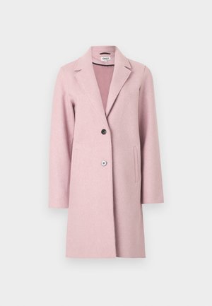 Light pink wool blend coat with long sleeves, notch lapel, single button closure, and side pockets. Soft texture and tailored design.