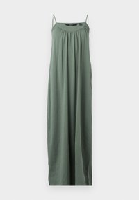 Green, sleeveless maxi dress made of lightweight fabric. Features gathered neckline and flowing silhouette. Smooth texture, no patterns.