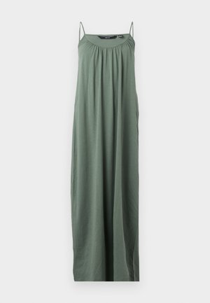 Rochie maxi verde, fără mâneci, confecționată dintr-un material ușor. Prezintă un decolteu plisat și o siluetă fluidă. Textură netedă, fără modele.