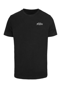 Black cotton t-shirt features a round neckline, short sleeves, and a white "For the Family" graphic on the left chest area.