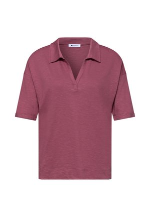 Polo manches courtes rose poudré avec col en V ouvert et coupe décontractée, texture unie, étiquette "Street One" à l’intérieur du col.