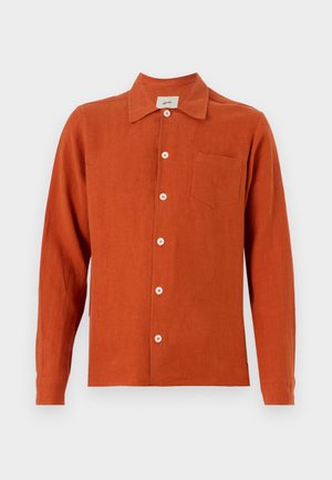 Rust-colored, long-sleeve shirt in lightweight fabric. Features a button-down front, collar, and single chest pocket.