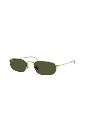 Rektangulære mørkegrønne glas med tynd ramme og stænger i guldmetal, justerbare næsepuder, Ray-Ban-logo i venstre hjørne af glasset.