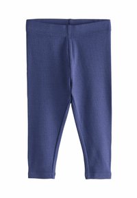 Leggings blu a coste realizzati in un materiale elasticizzato, con un design semplice, una vita elastica e senza hardware visibile.
